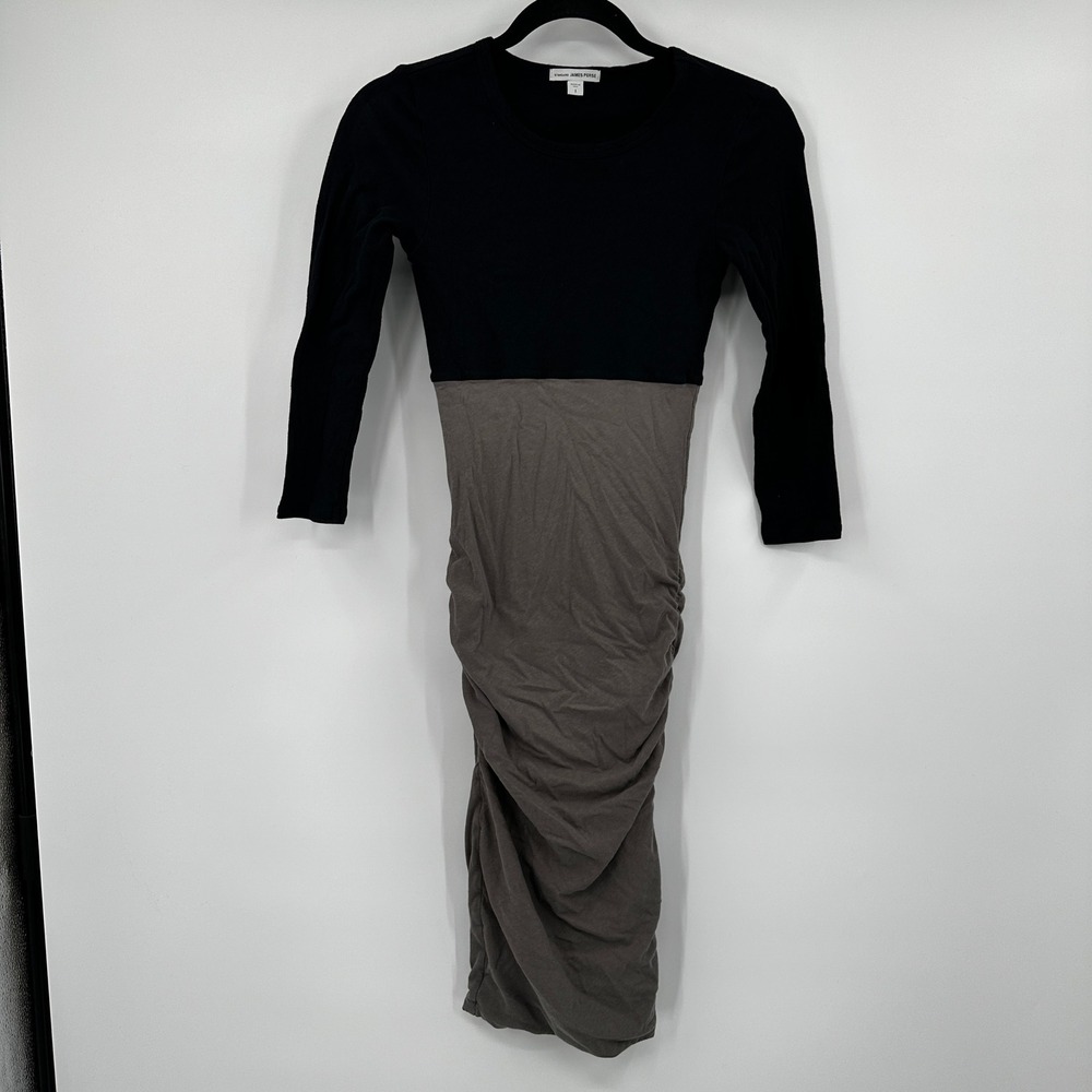 Standard James Perse Two Tone Black Gray Long Sleeve Ruched Midi Dress Size 1